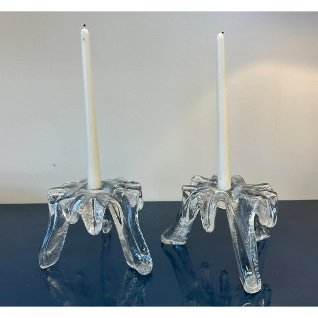Vintage Blenko pair of clear blown glass Candlesticks with three leg base at 4.5" tall and 7.5" wide. These solid crystal-...