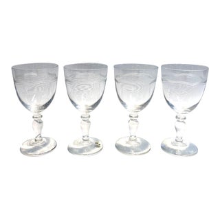 Vintage Clear Etched Crystal Wine Glasses S/4 For Sale