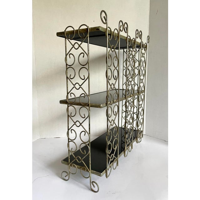 Mid-Century Hollywood Regency Silver-Tone Metal Tabletop Étagère With Black Glass Shelves For Sale - Image 11 of 12