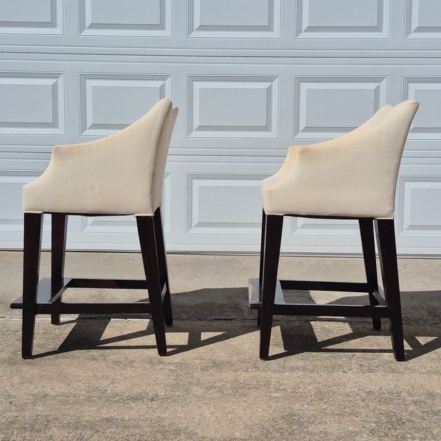 Brown Pair of Lee Industries Linen Slipcovered Upholstered Counter Height Stools For Sale - Image 8 of 13