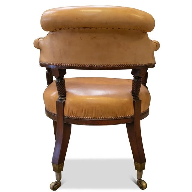 19th Century Cream Leather Buttonback Captains Chair with Brass Studs & Castors For Sale - Image 5 of 8