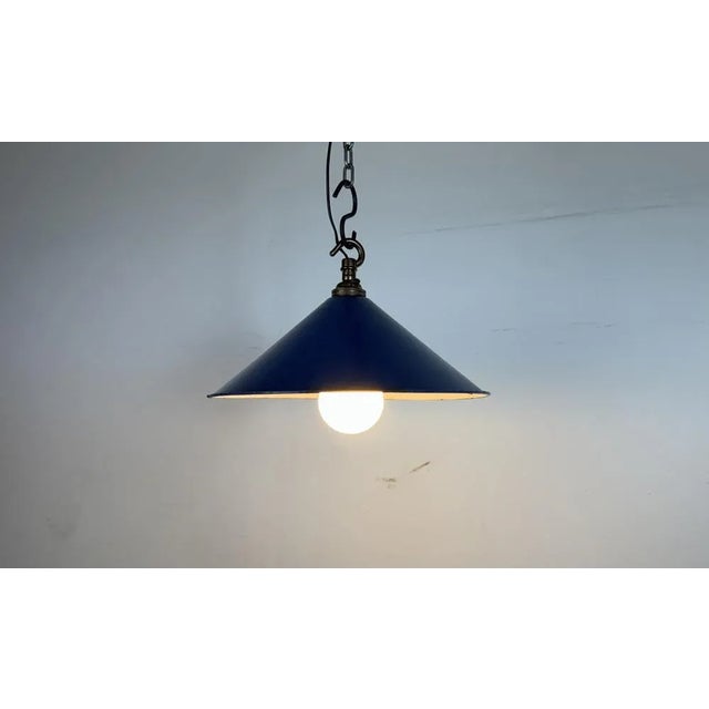 Metal British Industrial Blue Enamel Factory Pendant Lamp, 1950s For Sale - Image 7 of 15