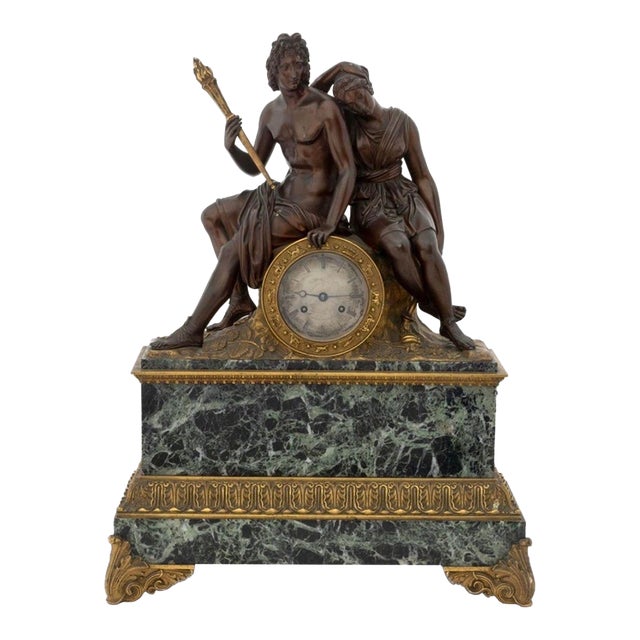 French Empire Patinated & Gilt Bronze Apollo & Diana Figural Mantel Clock, Verde Antico Marble, C. 1830 For Sale