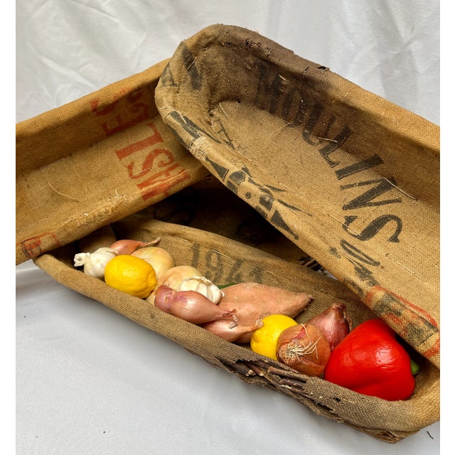 Vintage French Woven Wicker Bread Basket W/Grain Sack Lining For Sale - Image 11 of 12