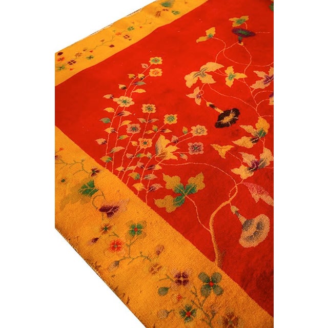 Art Deco 1920s Modern Red Field Asymmetrical Knotted Wool Antique Chinese Art Deco Carpet Rug For Sale - Image 3 of 9