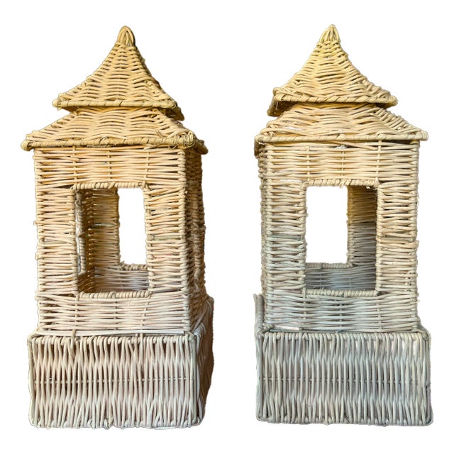 Pair of Rattan Pagoda Lanterns in Coastal Chinoiserie Style – 16” X 6” X 6” For Sale