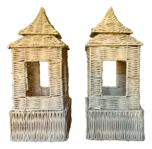 Pair of Rattan Pagoda Lanterns in Coastal Chinoiserie Style – 16” X 6” X 6”