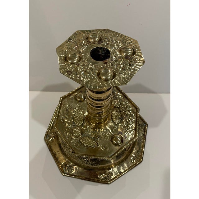Large 1970s Mottahdeh brass reproduction 16th century Dutch or Swedish candlestick. Made of hammered and repousse...
