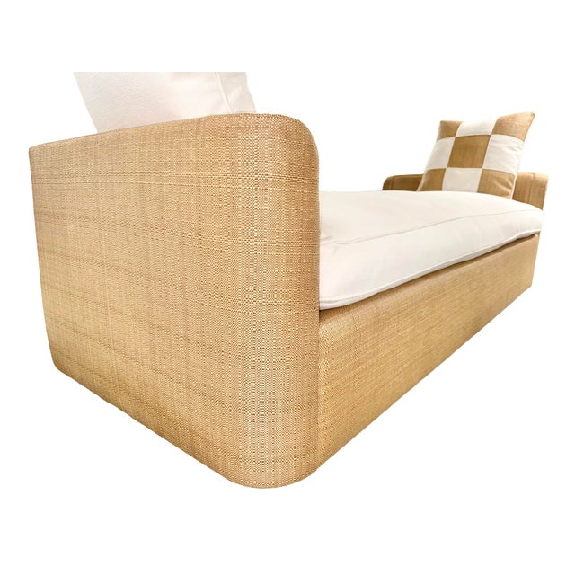 Contemporary Custom Raffia Daybed With White Linen Cushion by Danny Cannon Custom Upholstery For Sale - Image 3 of 4