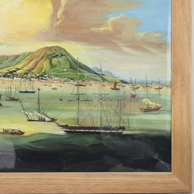 Vintage Maritime Harbor Painting Framed Coastal Seascape With Masted Sailing Ships For Sale In New York - Image 6 of 10