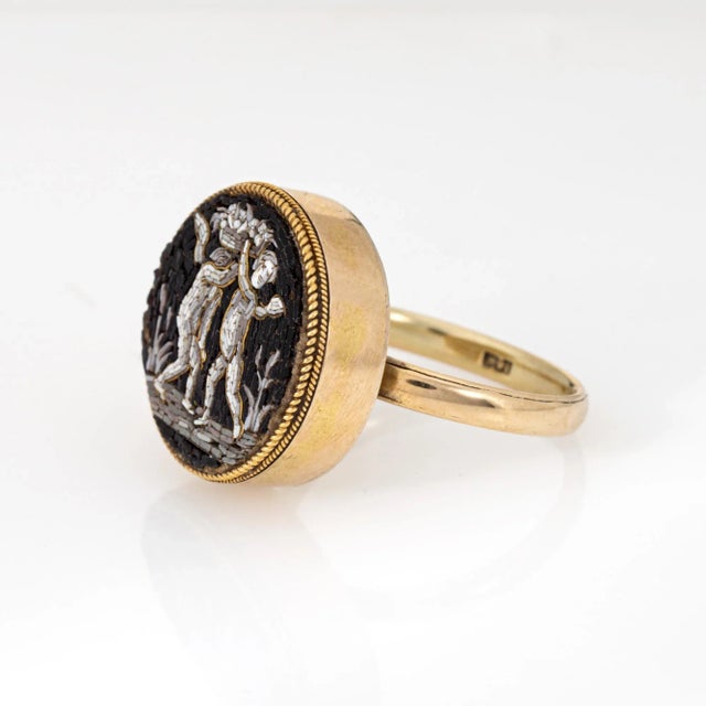 Late 19th Century Antique Victorian Micro Mosaic Ring Cherubs 14k Yellow Gold Sz 9 Fine Jewelry For Sale - Image 5 of 6
