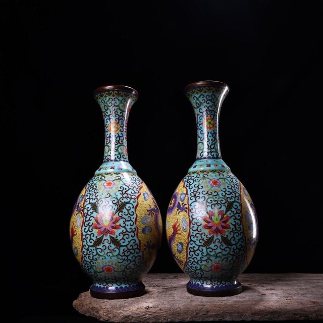 Chinese Monumental Pair of Chinese Cloisonné "Dragon" Vases With Qianlong Mark - 18 LBS For Sale - Image 3 of 9
