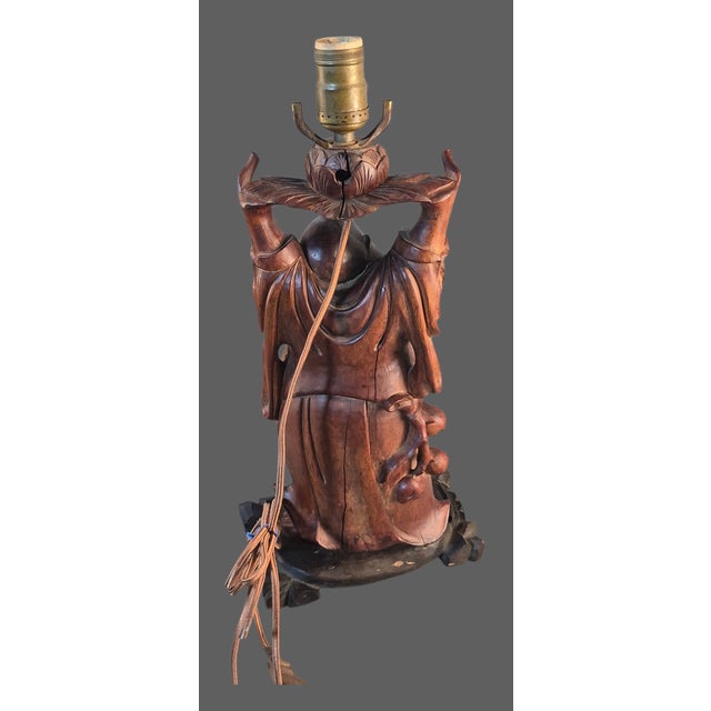 Antique Hand Carved Hardwood Hotei Happy Joyous Buddha Arms Raised Holding a Lotus Flower Table Lamp For Sale - Image 11 of 16