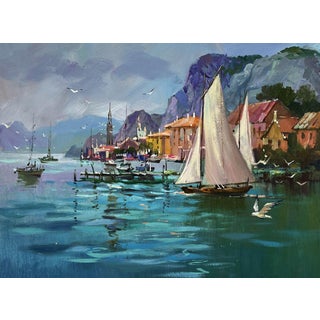 Oil Painting Pier in Front of the City Yuriy Suprunchuk For Sale