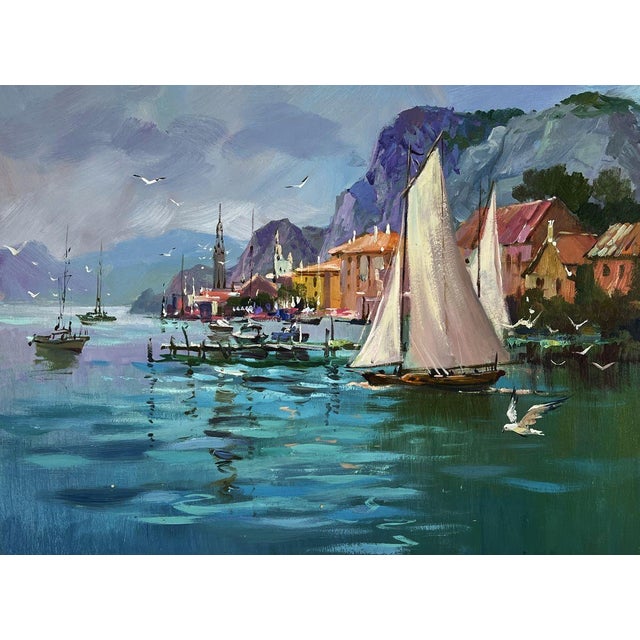 Oil Painting Pier in Front of the City Yuriy Suprunchuk For Sale