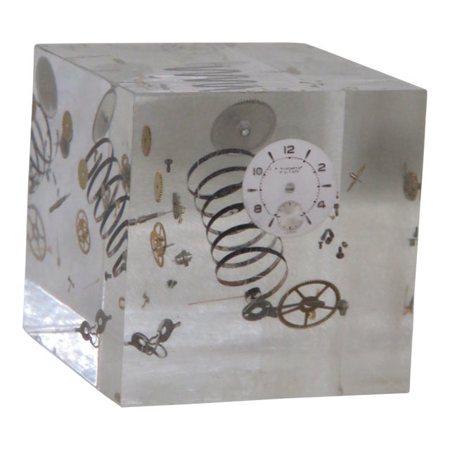 Pierre Giraudon Inclusion Floating Watch Parts Resin Cube Paperweight 4427b For Sale