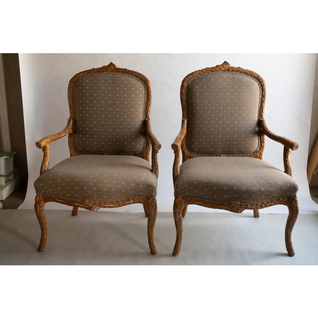 Early 20th Century Early 20th Century Pair Walnut French Louis XV Style Faux Bois Chairs For Sale - Image 5 of 13
