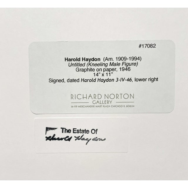 1946 Graphite on Paper, Kneeling Male Nude Figure Study by Artist Harold Haydon For Sale - Image 4 of 5