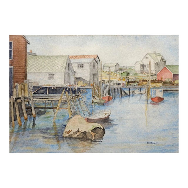 Vintage Fishing Village & Marina Watercolor Painting For Sale