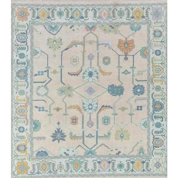 Blue , Marigold & Sage Green modern handknotted oushak rug The quirky-cool one! This rug features classic blues and greys...
