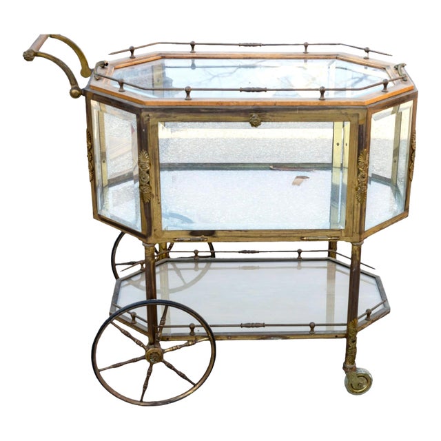 Mid-Century French Tea Cart, Brass and Glass, Hollywood Regency Style For Sale