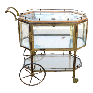 Mid-Century French Tea Cart, Brass and Glass, Hollywood Regency Style