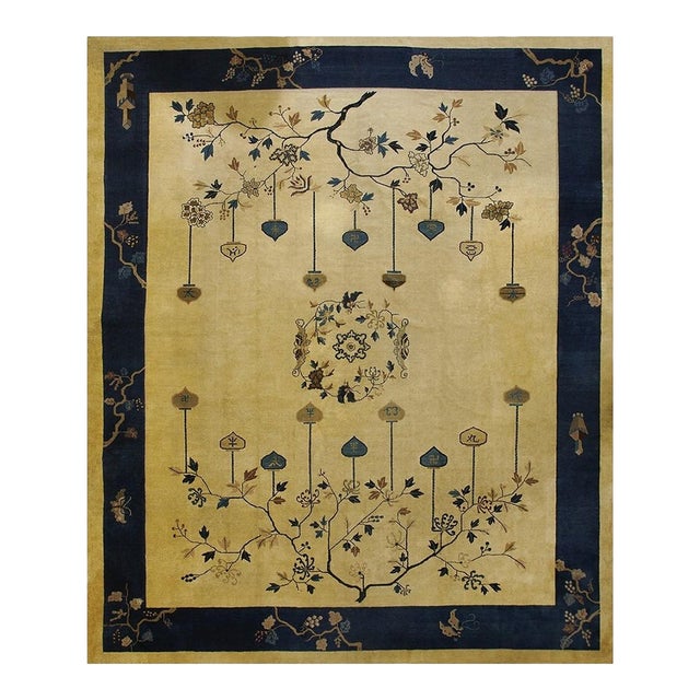1920s Beige Medallion Oriental Antique Chinese Peking 11'10'' X 14'6'' Wool Rug For Sale