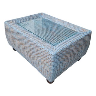 Vintage Century Furniture Custom Painted Light Blue, Tan Rectangular Coastal Regency Wicker Coffee Table With Glass Top For Sale