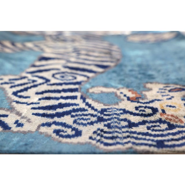 Mid-Century Modern Handmade Blue Velvet Tiger Pillow – 16x24" Silk Accent Cushion For Sale - Image 3 of 7