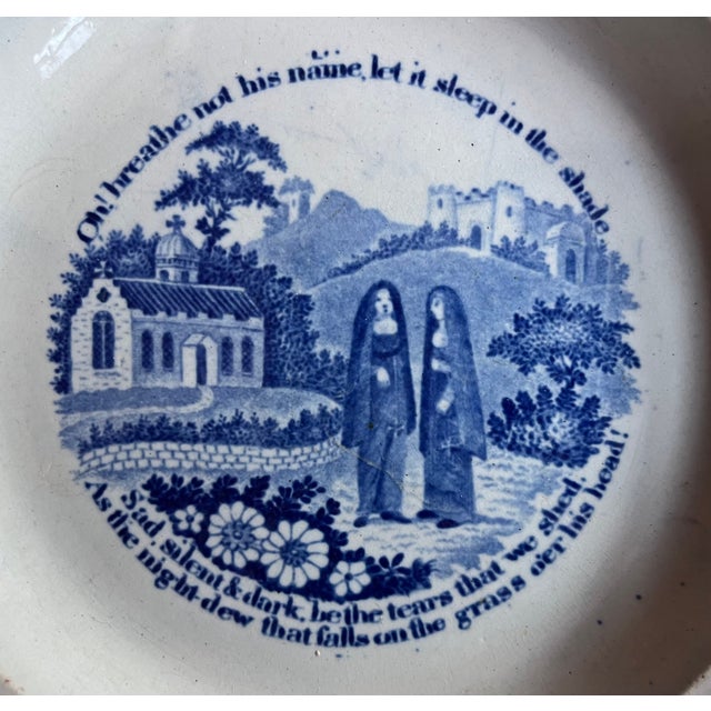 Antique early 19th century English blue feather edge plate decorated with a Thomas Moore poem. "Oh! breathe not his name,...
