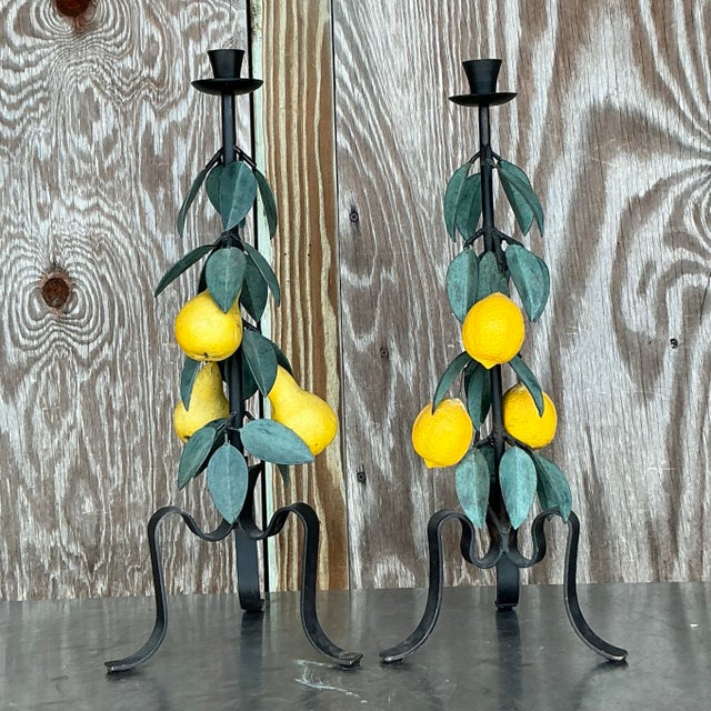 Metal Vintage Boho Painted Metal Lemons and Pears Candlesticks - Set of 2 For Sale - Image 7 of 8