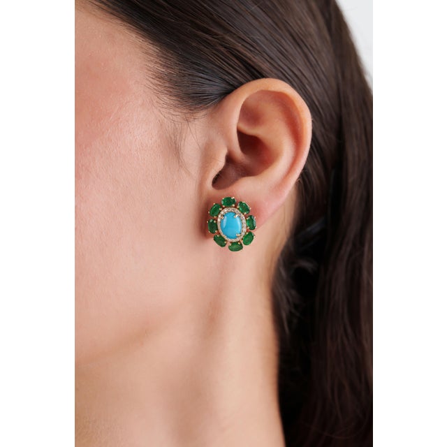 Not Yet Made - Made To Order Retro 6.53ct Turquoise Emerald & Diamond Floral Stud Earrings in 14k Gold- 2 Pieces For Sale - Image 5 of 16