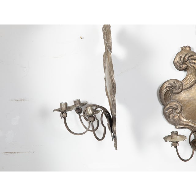 Pair of 19th Century Italian Rococo Style Tin Candle Sconces with Feather Motifs For Sale - Image 9 of 9