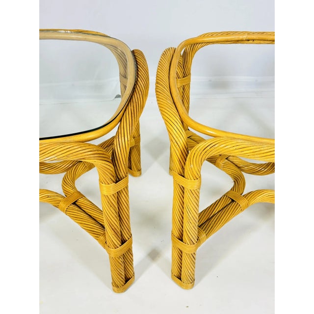 1960s Vintage Twisted Rattan Coffee Side Tables With Glass Top, a Pair For Sale In Los Angeles - Image 6 of 11