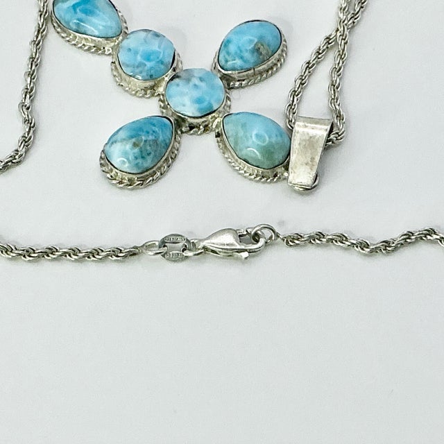 1970s Vintage Southwestern Boho Chic Religious Blue Larimar & Sterling Cross Pendant Necklace - 23” For Sale - Image 14 of 15