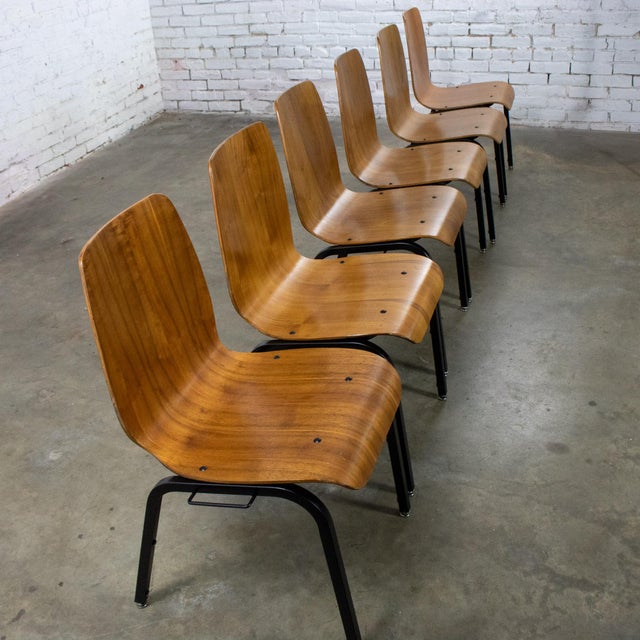 Late 20th Century Late 20th to Early 21st Century Modern Walnut Molded Plywood Chairs Stackable Connectable Refinished Set of 6 For Sale - Image 5 of 18
