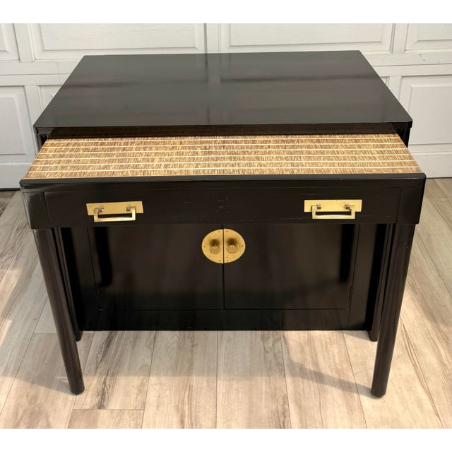 James Mont Mid-Century Black Lacquer Chinoiserie Convertible Dining Table Cabinet For Sale - Image 4 of 15