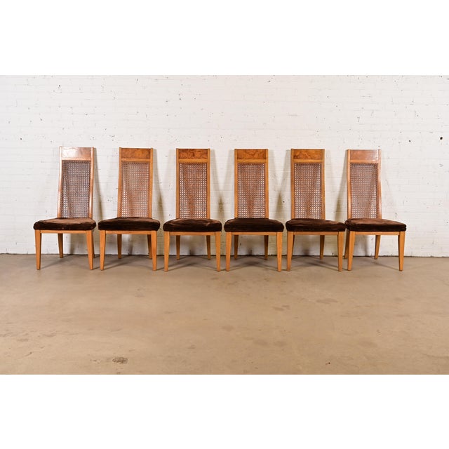 A gorgeous set of six Milo Baughman style Mid-Century Modern high back dining chairs By Lane Furniture USA, 1970s Ash and...