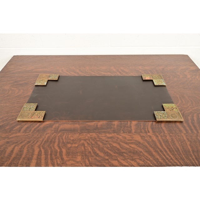 A gorgeous set of four Art Deco or Arts & Crafts period "Bookmark" gilt bronze blotter corners with a custom brown leather...