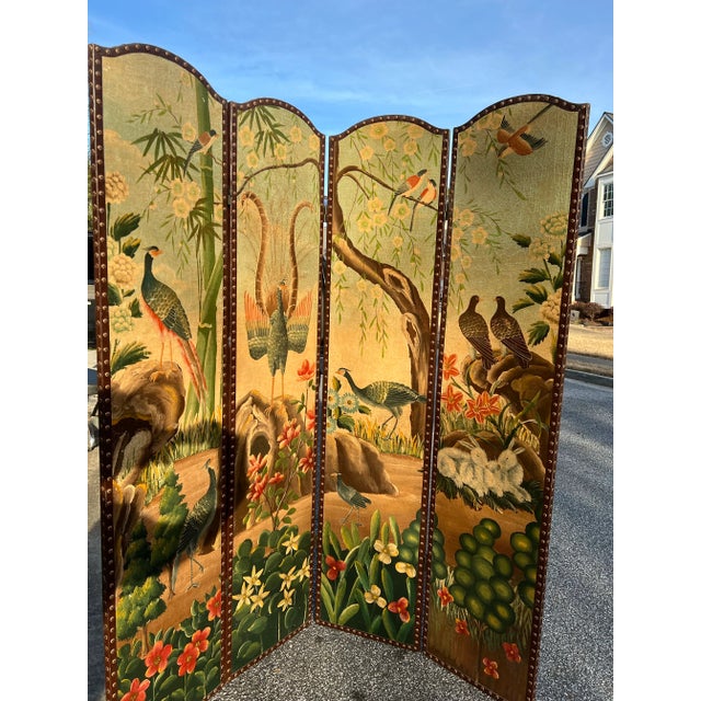 Shabby Chic Vintage Large Screen With Bird Details For Sale - Image 3 of 12