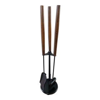Mid-Century Modern Fireplace Tool Set, Oak & Iron, Seymour Style For Sale