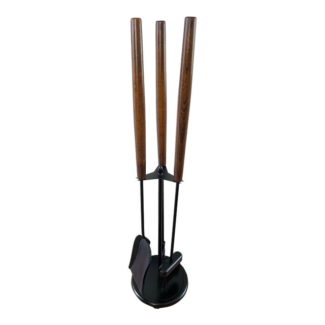 Mid-Century Modern Fireplace Tool Set, Oak & Iron, Seymour Style For Sale