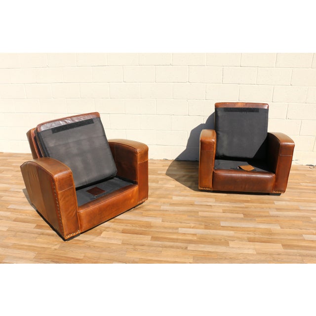 Vintage Pair Art Deco Revival Distressed Brown Leather Club Chairs & Ottomans, 1980s For Sale - Image 14 of 18