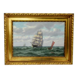 Vintage Late 19th. Century Signed Axel Bulow Seascape, Maritime Painting Off Kronberg Coast, Framed