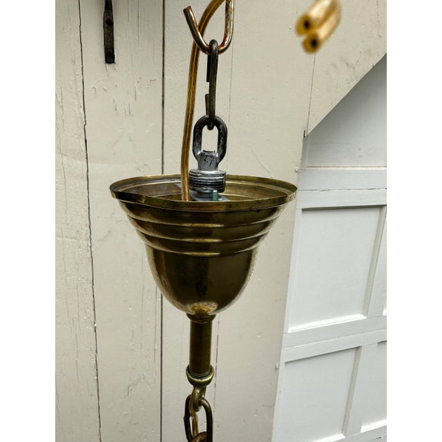 Vintage Brass Hanging Fixture With Vintage Shade For Sale In New York - Image 6 of 7