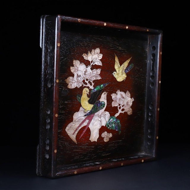 Late 20th Century Late 20th Century Square Wooden Tray With Mother-of-Pearl Bird and Pomegranate Inlay For Sale - Image 5 of 10