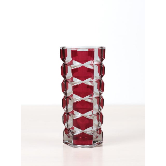 Mid-Century Modern French Cut to Clear Ruby Crystal Vase For Sale - Image 12 of 12