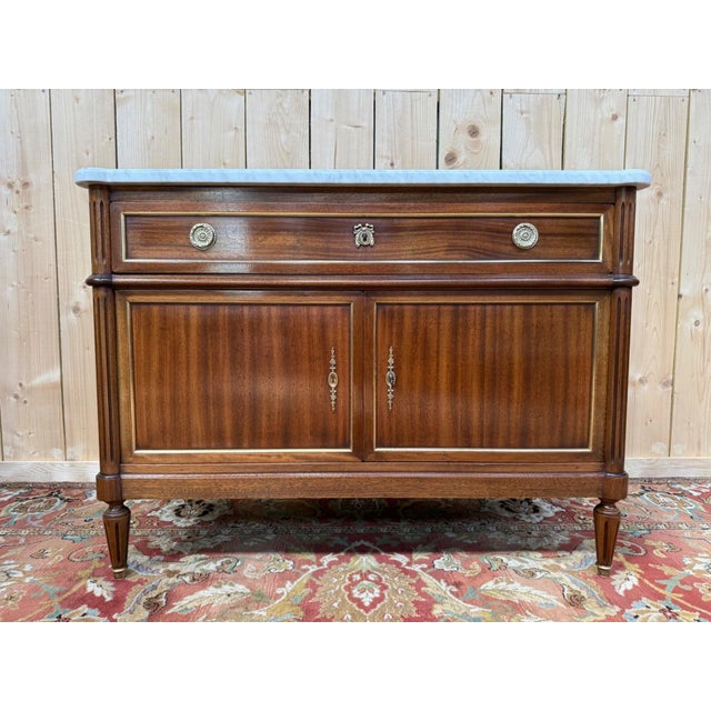 Louis XVI Style Low Sideboard in Mahogany and Carrara Marble For Sale - Image 12 of 12