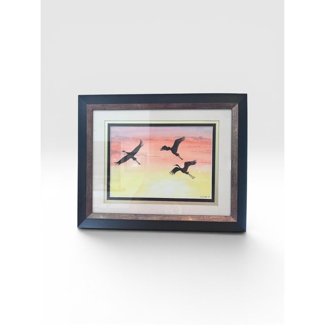 Peach Original Signed Ilse Wolff Watercolor “Riverbend Cranes” – 2010 Framed Nature Painting For Sale - Image 8 of 11