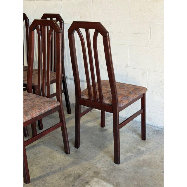 Dark Wood High-Back Upholstered Dining Chairs Set of 6 Mid-Century Modern For Sale - Image 12 of 12